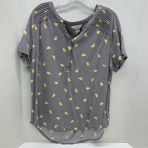 C J Banks Black White Gingham Lemon Print Short Sleeve Top Size X=14 Pullover